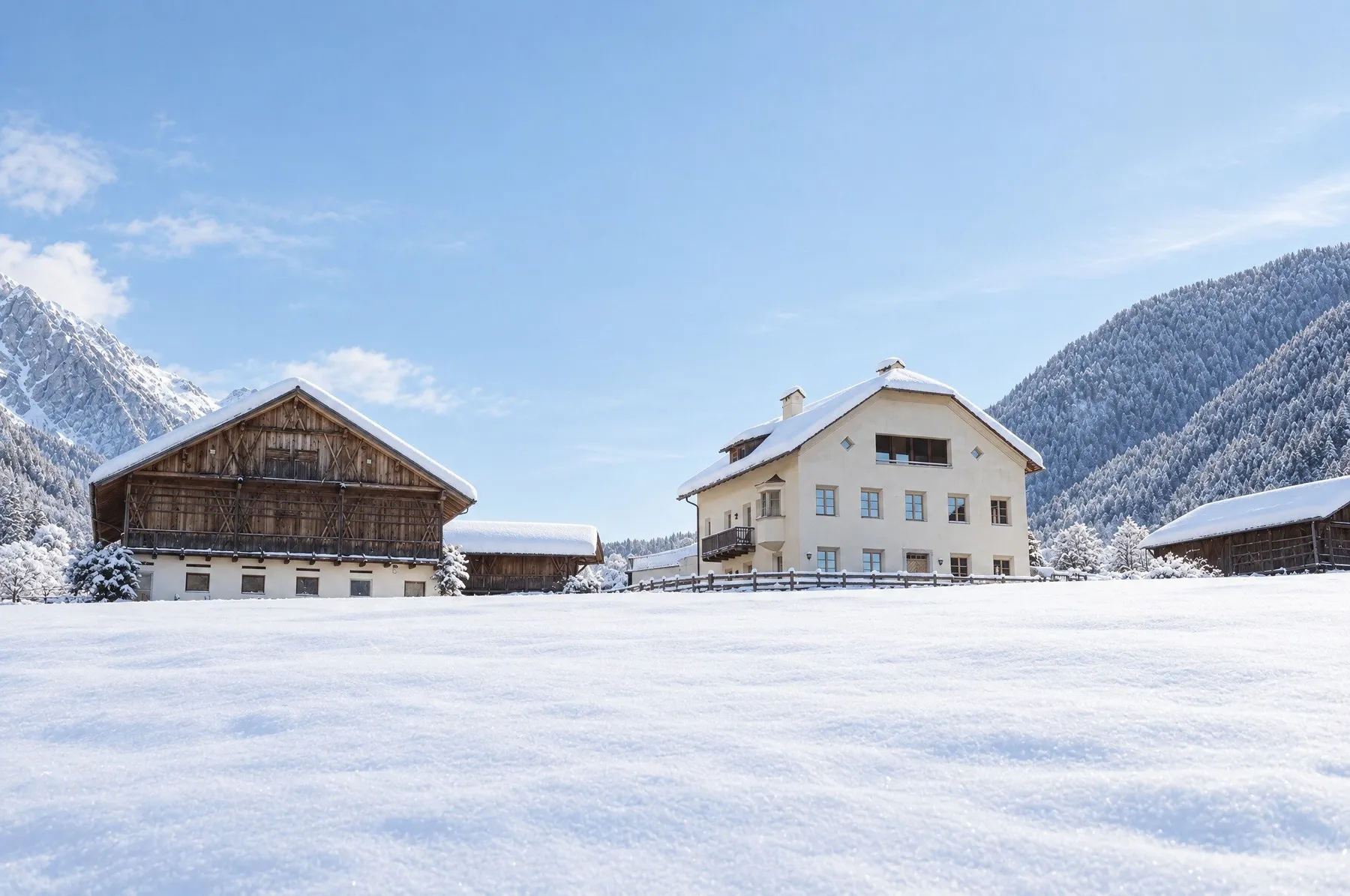 Stadel und Halbwöhrerhof hinter der verschneiten Wiese