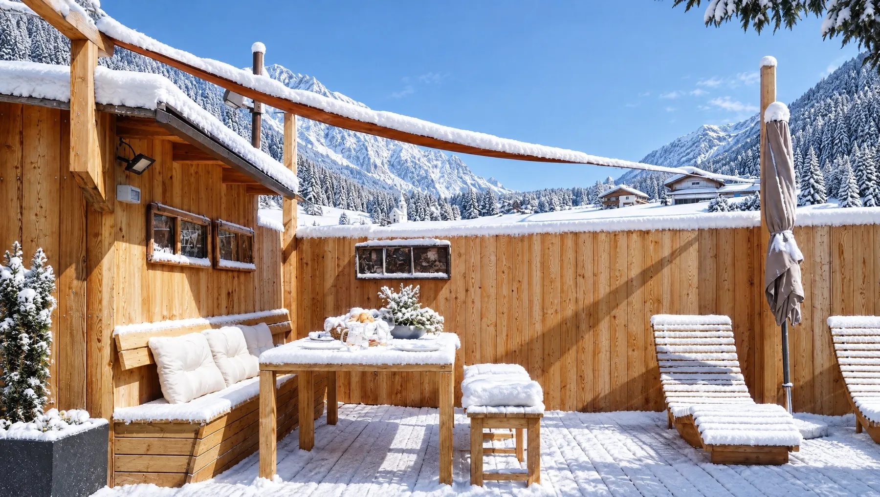 Das verschneite Liegedeck im Garten des Halbwöhrerhofs