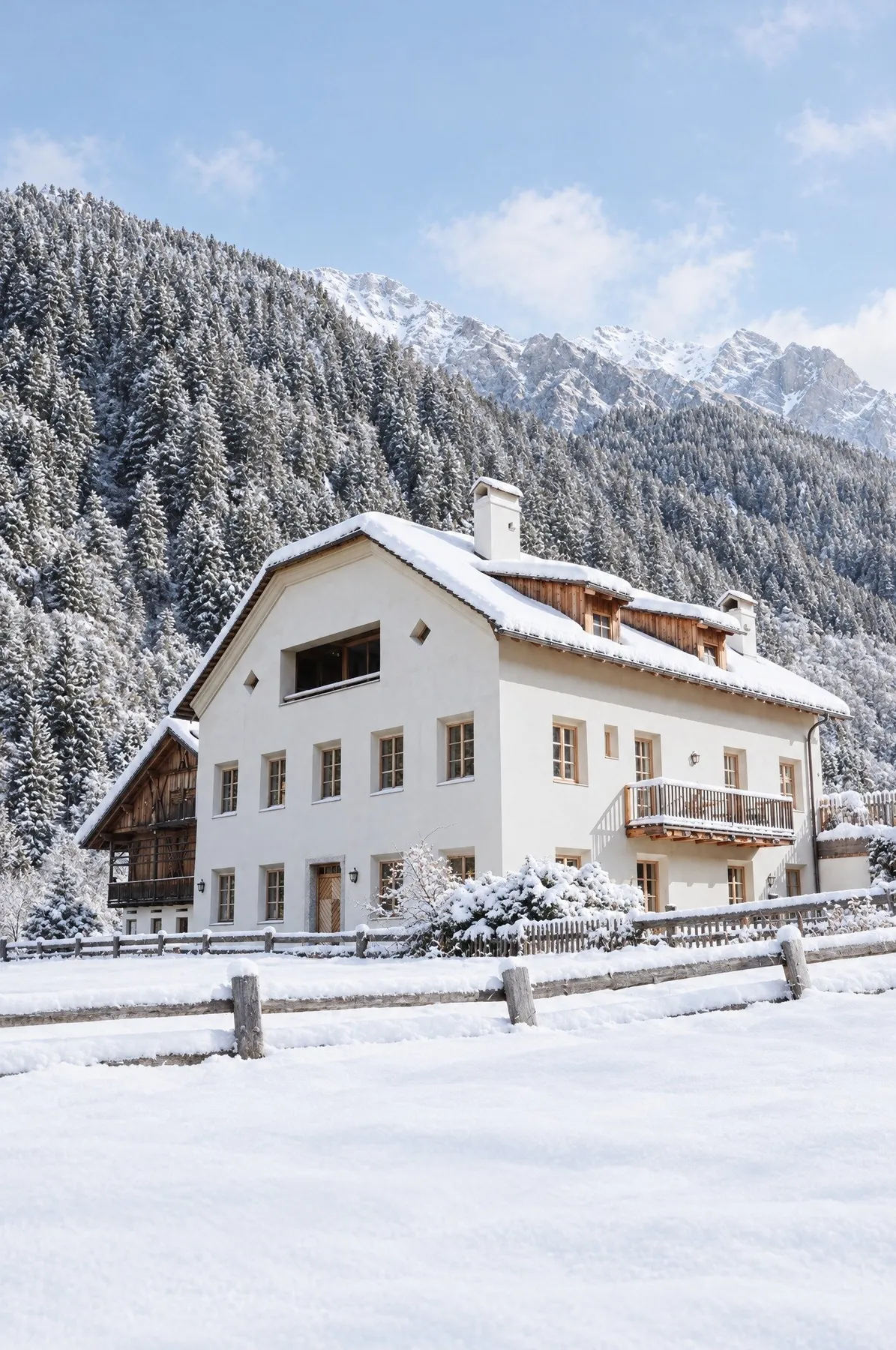 Der Halbwöhrerhof im Schnee vor dem Waldhang