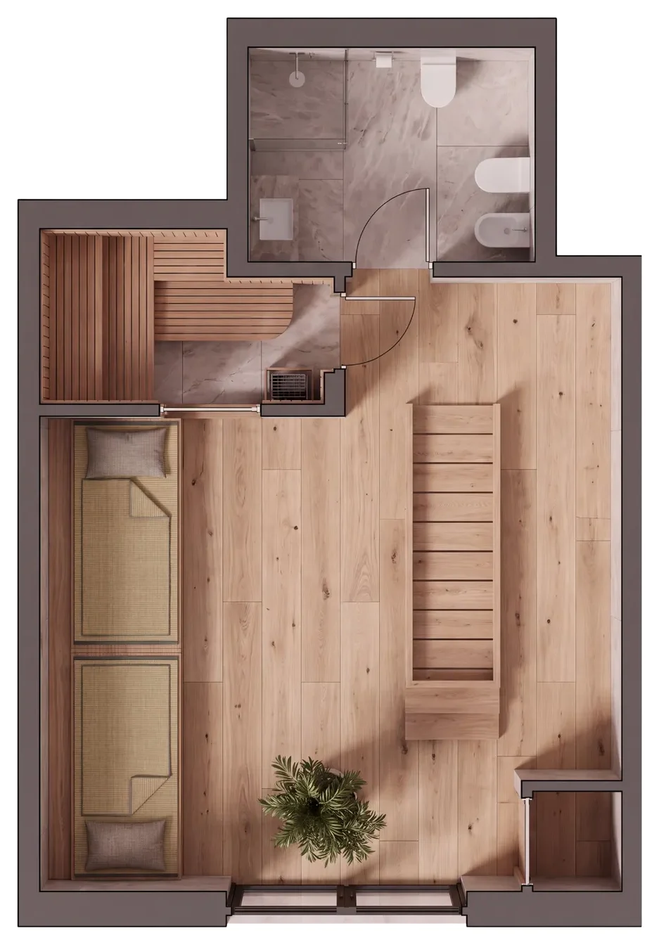 Grundriss des Dachgeschosses mit Galeriezimmer, Bad und Sauna