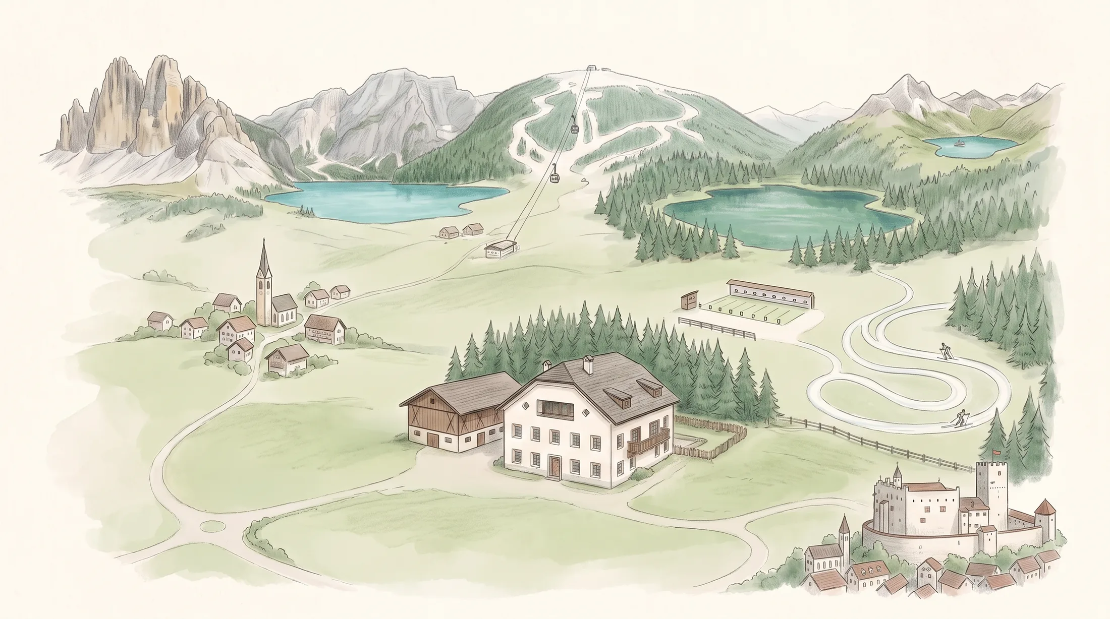 Handgezeichnete Karte des Antholzertals mit dem Halbwöhrerhof, Antholz Mittertal, Antholzer See, Biathlonzentrum, Loipe, Kronplatz, Pragser Wildsee, Drei Zinnen und Bruneck