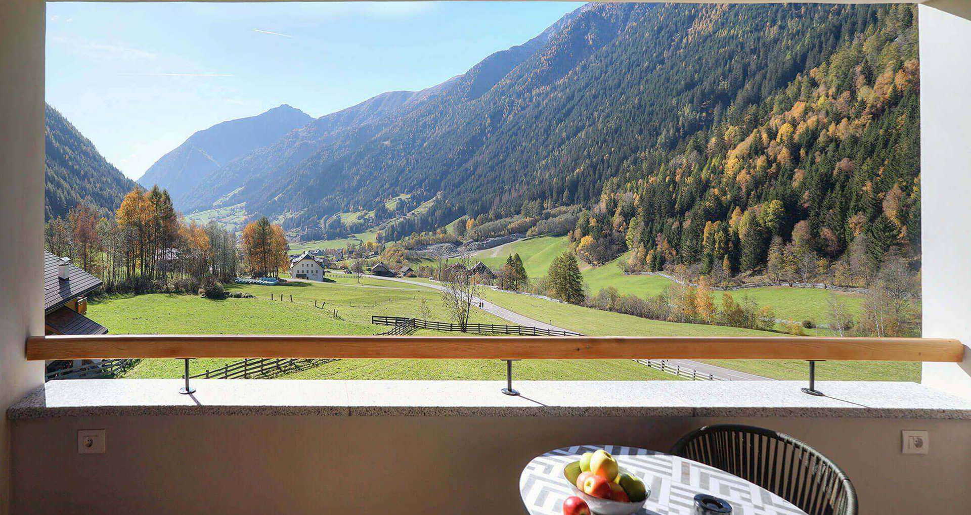 From the terrace the view opens i nto the valley of Anterselva